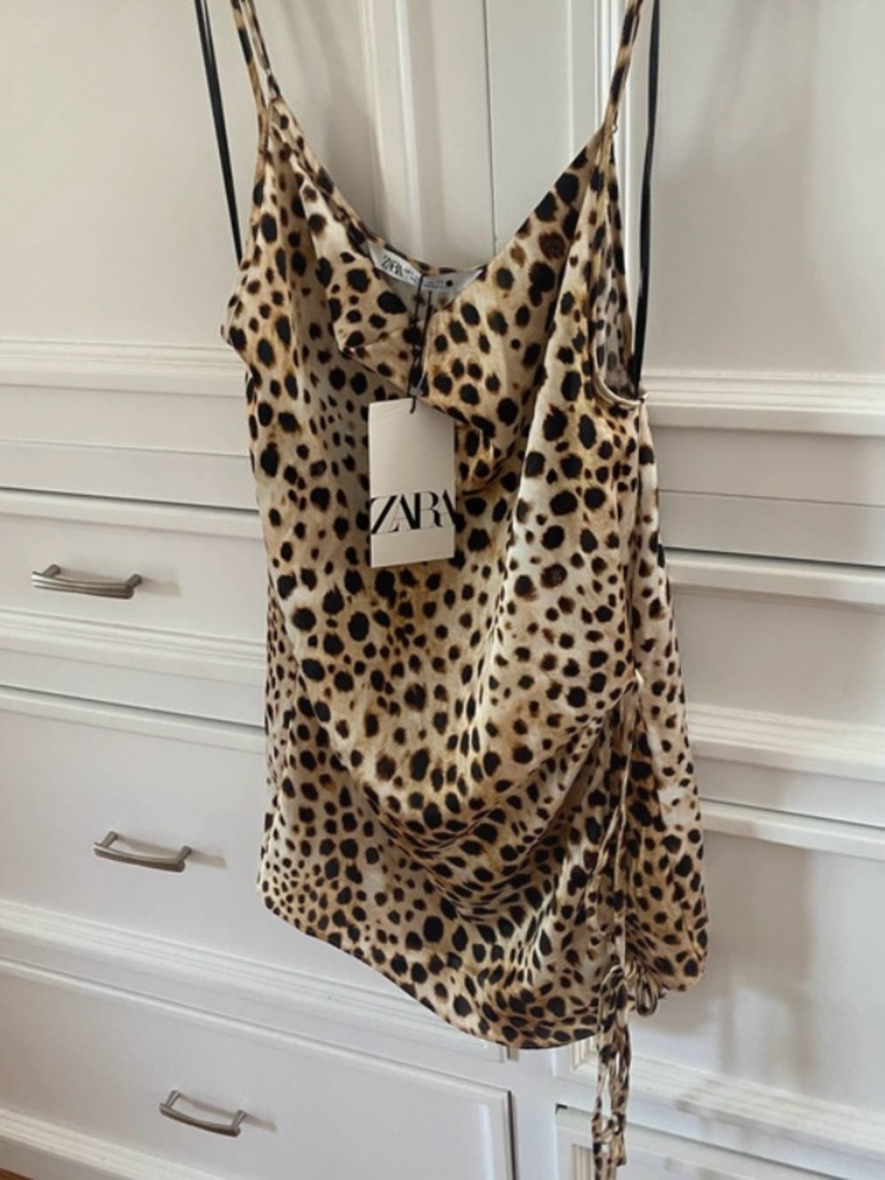 NWT Zara Leopard Print Satin Cowl Neck Cami Top - Beige/Black
